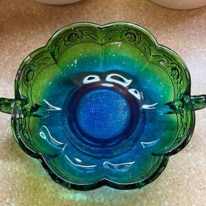 Vintage Jeanette glass Aztec rose Green and Blue Glass Bowl Candy Dish 2 Handle